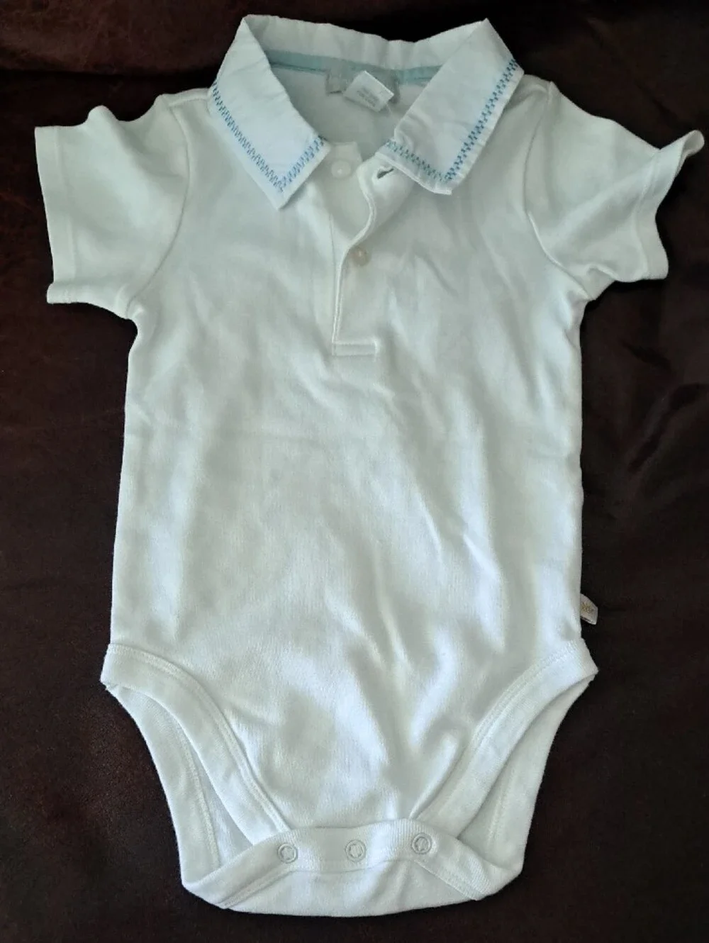 Baby Luxuries 12 Months White Polo-Style Baby One-Piece with Blue Trim